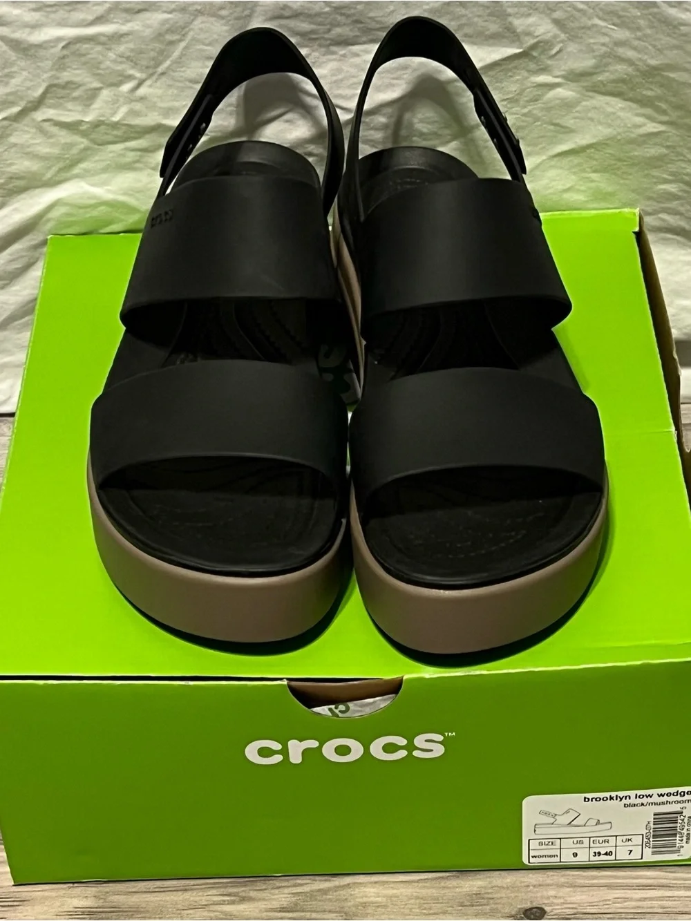 CROCS Brooklyn Low Wedge Sandals in Black and Taupe